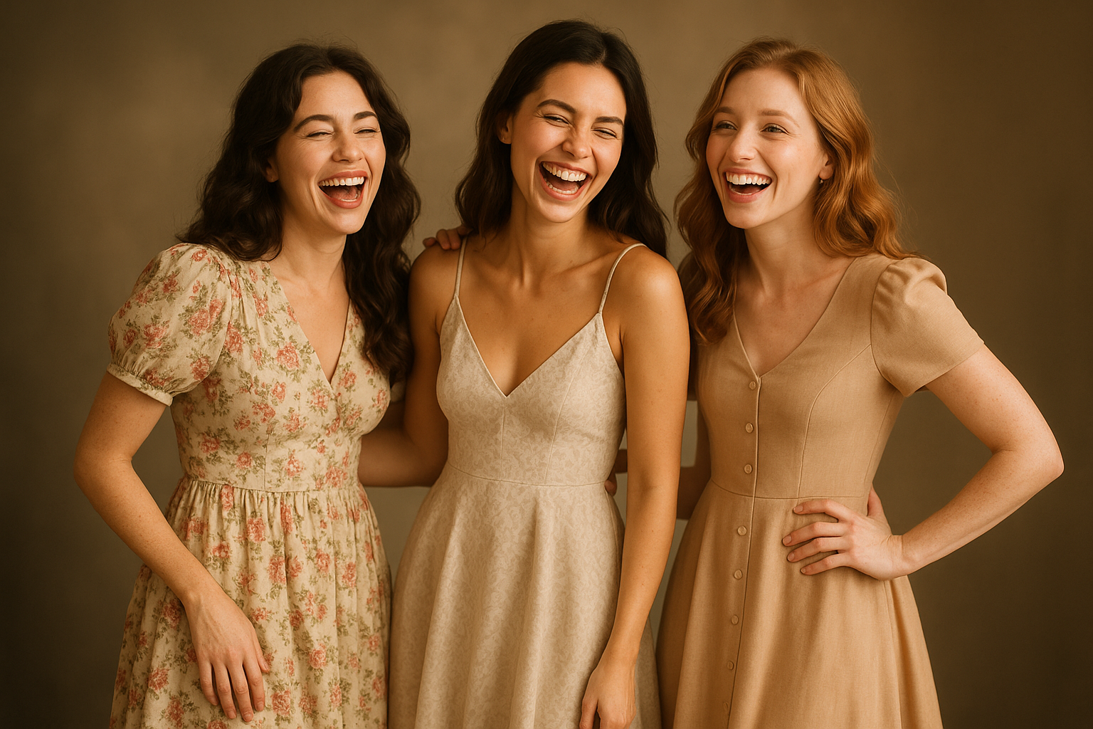 3 beautiful women laughing in cute dresses