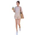 LANMREM Women's Beige Shorts Set 2022 Summer Flare Sleeves Loose Lace Blouses Top Leisure Suit Two Piece Sets Female Chic 2R2859