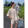 LANMREM Women's Beige Shorts Set 2022 Summer Flare Sleeves Loose Lace Blouses Top Leisure Suit Two Piece Sets Female Chic 2R2859