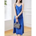 New Black Satin Dress Women Summer Sexy V-Neck Strapless Long Dresses Outer Wear Classic Multicolor
