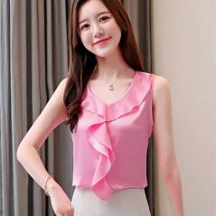 Summer Korean Fashion Silk Women Blouses Satin Sleeveless Solid Ruffles Women Shirts Blusas Femininas Elegante Womens Tops