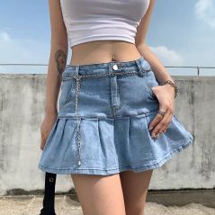 Women Jeans Skirts High Waist Pleated Skirts Zipper Mini Skirts Summer New 90S Streetwear Bottom Skinny Blue Skirt  Solid