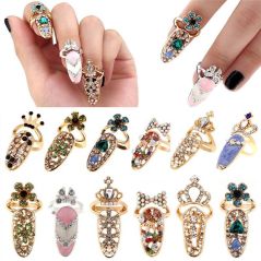 Rhinestone Fingernail Bowknot Nail Ring Charm Crown Flower Crystal Finger Nail Rings For Women Lady Protective Fashion Jewelry