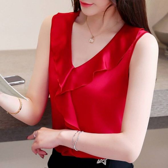Summer Korean Fashion Silk Women Blouses Satin Sleeveless Solid Ruffles Women Shirts Blusas Femininas Elegante Womens Tops
