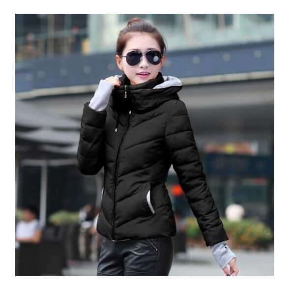 2022 Fashion Autumn Winter Solid Color Teenager Girls Hooded Cotton Lining Coat with Gray Glove Sleeve Young Lady Warm Jackets