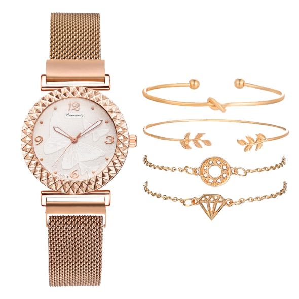 5PCS Women Bracelet Watch Set Luxury Simple Rose Gold Dress Ladies Watches Bracelet Women Quartz Watches Gifts for Friends Часы