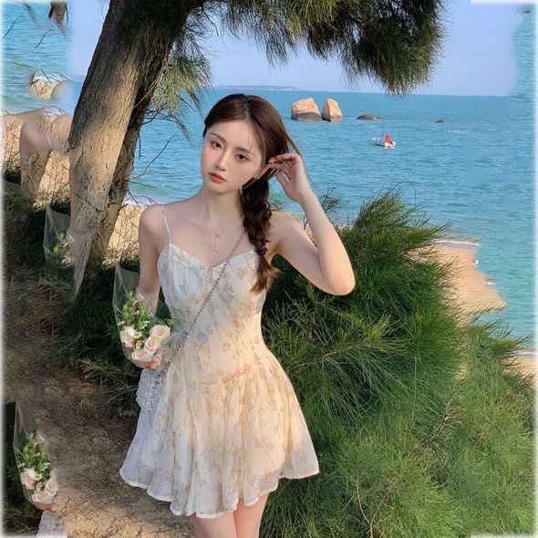 Elegant Flower Strap Dress Women Vintage Sweet Print Korean Slip Fairy Mini Dress Casual Classy Party Princess Dress Summer 2022