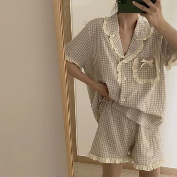 Pajama Sets Women Floral Casual Home Cozy Soft Breathable Kawaii Sweet  KChicorean Style Ulzzang Simple Ins Retro Summer Young