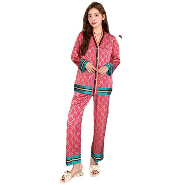 Spring New Printed Fashion Women Pajama Set Long Sleeve V-Neck Sexy Pyjamas Ice Silk Breathable Sleepwear