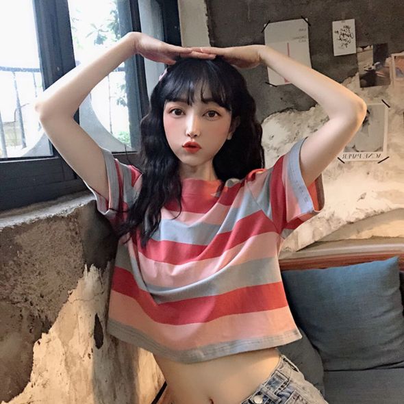 Tops Women Blouses Sexy Colorful Stripes Navel Short Tee Loose Simple Design T Shirt Street All-Match Y2K Vintage Wear Summer