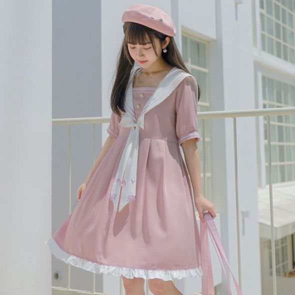 Women's Dress JK Lolita Gothic Casual kawaii Bow Elegant Pink Princess Dresses Japanese Fashion Loose Preppy Style New Summer