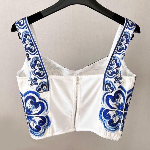 2022 Summer Women Elegant Blue And White Porcelain Print Skirts Sets Fashion Crop Top Vest High Waist Big Swing Runway Skirts