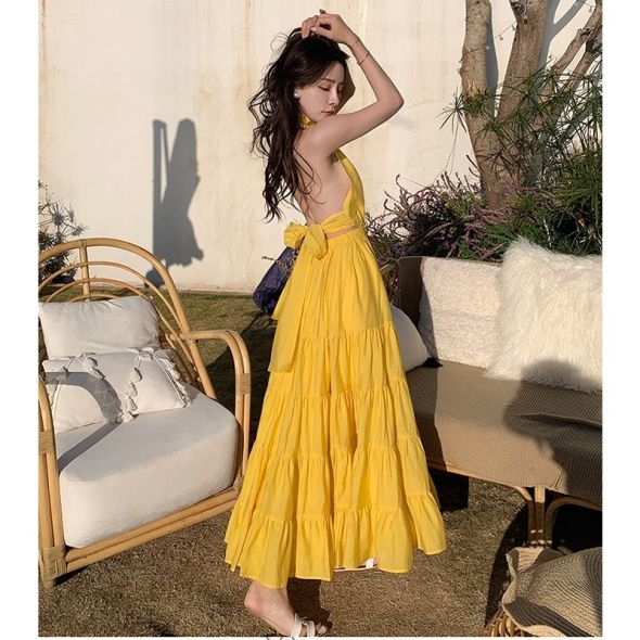 Backless Long Dress Women's New Summer Holiday Beach Vintage Spaghetti Strap Dresses Holiday Fashion Evening Party Sundress