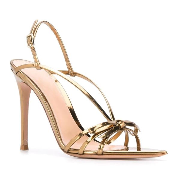 Summer pointed stiletto high heel golden patent leather large size sandals banquet dress all-match thin strap women's shoes