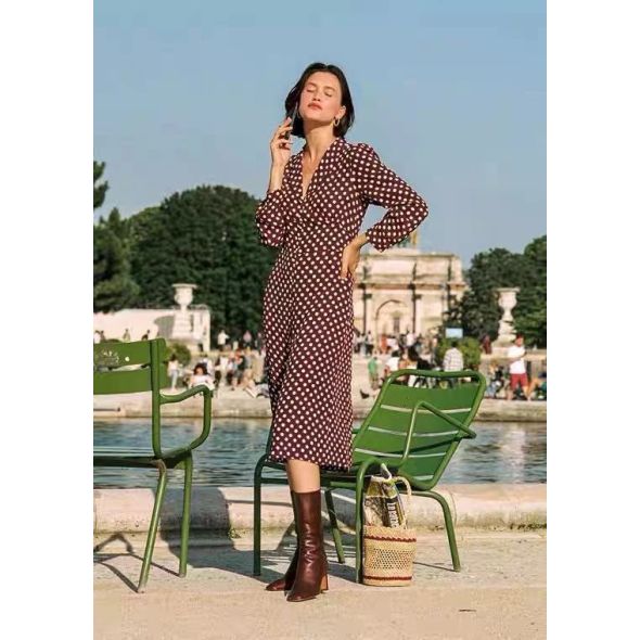 Women Dress 2021 Fall/Winter New Products Violet Print Retro Polka Dot Long Sleeve Dress Women
