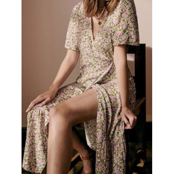 Women Dress 2022 Spring/Summer New 100% Viscose V-Neck Floral Print One Piece Wrap Lace Up Women Casual Mid-Length Dress