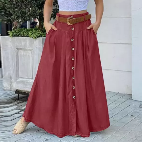 Women's Spring Sundress 2022 ZANZEA Stylish Button Maxi Skirts Casual High Waist Long Vestidos Female Solid Robe Femme