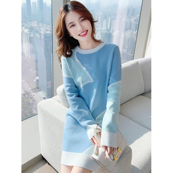 2022 Autumn and Winter New Korean Version Straight Tube Type Contrast Color Bottoming Knitted Dress Loose Sweet All-match Dress