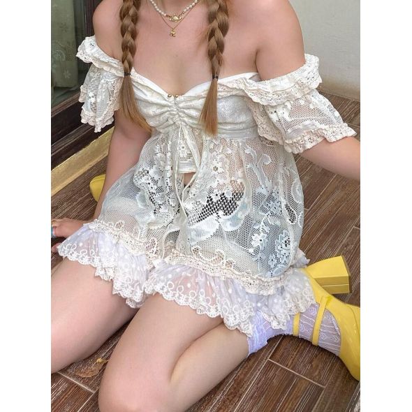 HEYounGIRL Off Shoulder Lace Long TShirt Kawaii Sexy Chic Short Sleeve Ruffles Cardigan Tops Y2K Aesthetic See Through Clothes