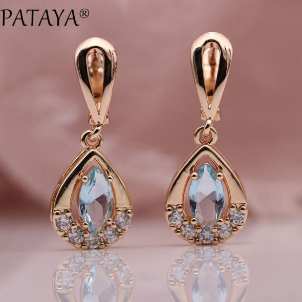 PATAYA Exclusive Design 585 Rose Gold Color Drop Earrings Horse Eye Rhombus Natural Zircon Earrings Women Wedding India Jewelry