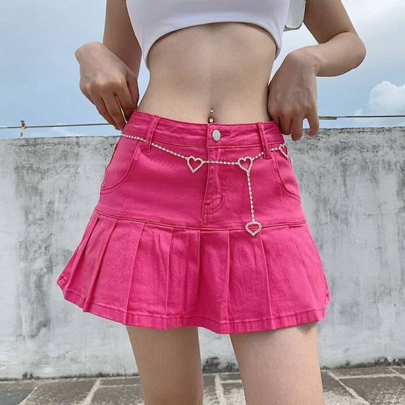 Women Jeans Skirts High Waist Pleated Skirts Zipper Mini Skirts Summer New 90S Streetwear Bottom Skinny Blue Skirt  Solid