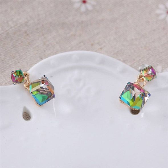 Double Crystal Cube Earring Women Fashion Earrings Sweet Stud Colourful For Beauty Women Girls Bijou Statement Jewelry Wholesale