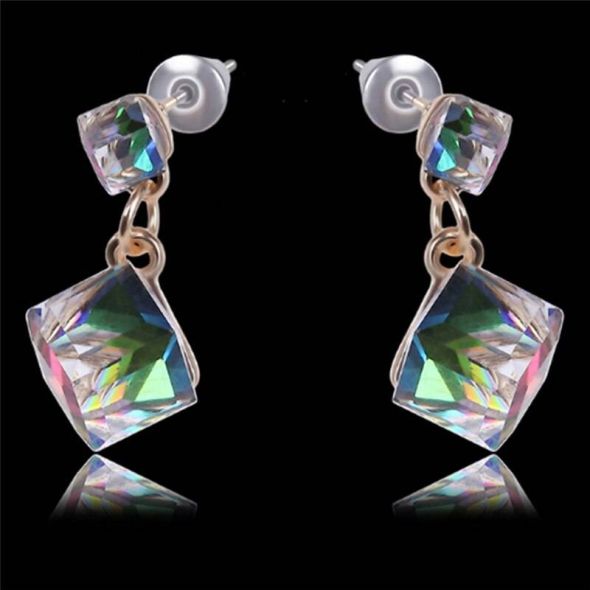Double Crystal Cube Earring Women Fashion Earrings Sweet Stud Colourful For Beauty Women Girls Bijou Statement Jewelry Wholesale